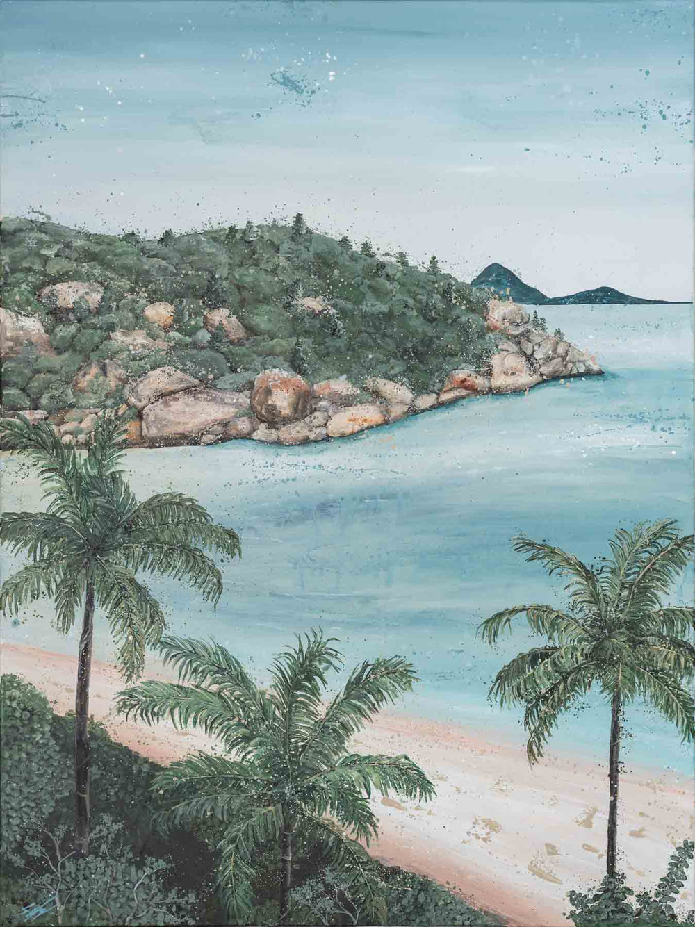 She Calls Me Back – detailed coastal painting of palm-lined beach, turquoise ocean and rocky headland by Stephanie Elizabeth | Original Artwork