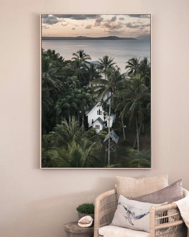 So Easy To Fall In Love – St Mary’s Chapel, Coastal Photography by David Lloyd, framed canvas print in oak float frame, styled in a sitting room setting