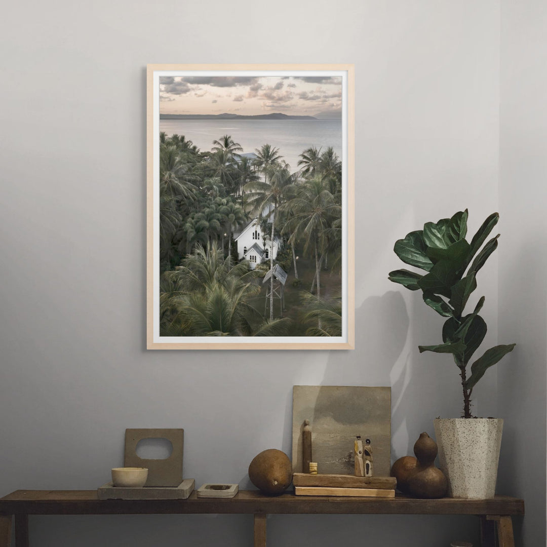 So Easy To Fall In Love – moody coastal photograph of St Mary’s Chapel in Port Douglas surrounded by tropical palms and ocean horizon | Framed Paper Print