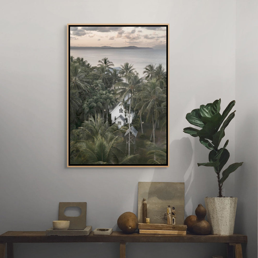 So Easy To Fall In Love – moody coastal photograph of St Mary’s Chapel in Port Douglas surrounded by tropical palms and ocean horizon | Shadow Box Canvas Print