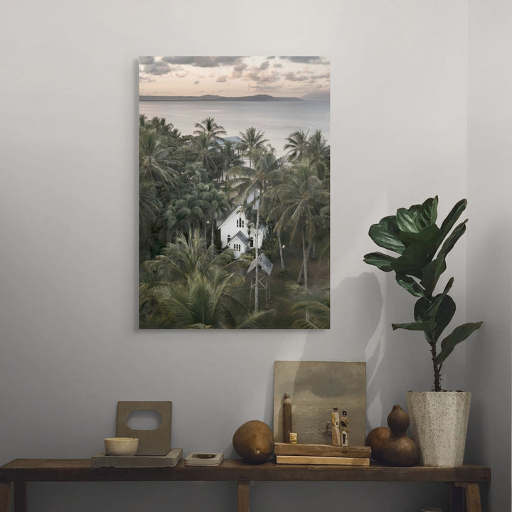 So Easy To Fall In Love – moody coastal photograph of St Mary’s Chapel in Port Douglas surrounded by tropical palms and ocean horizon | Stretched Canvas Print
