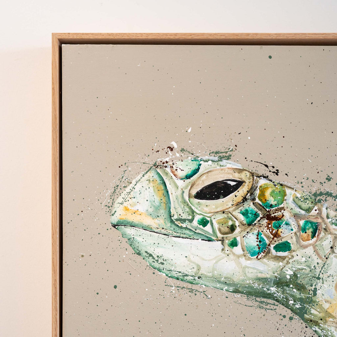 Sea turtle head with green and teal accents in Solstice Serenity by Stephanie Elizabeth Artwork.