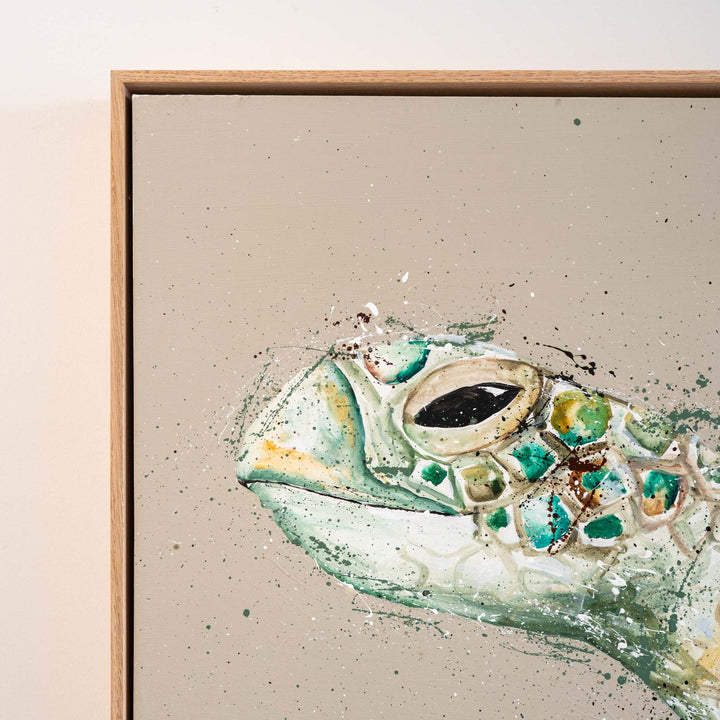 Sea turtle head with green and teal accents in Solstice Serenity by Stephanie Elizabeth Artwork.