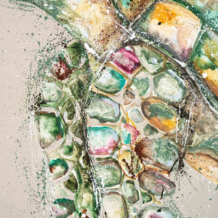 Solstice Serenity by Stephanie Elizabeth: abstract turtle shell in green, yellow, and pink, painted with acrylic on canvas.
