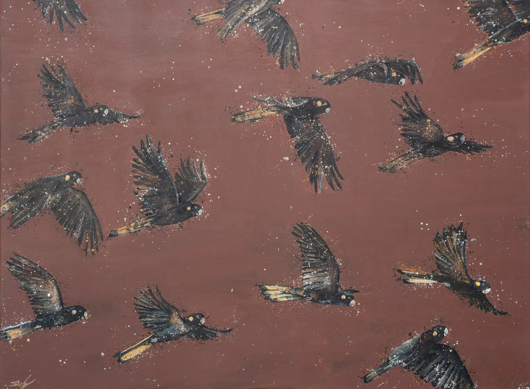 Southern Skies – Original acrylic artwork of cockatoos in flight soaring across an open sky with flowing movement and soft neutral tones.