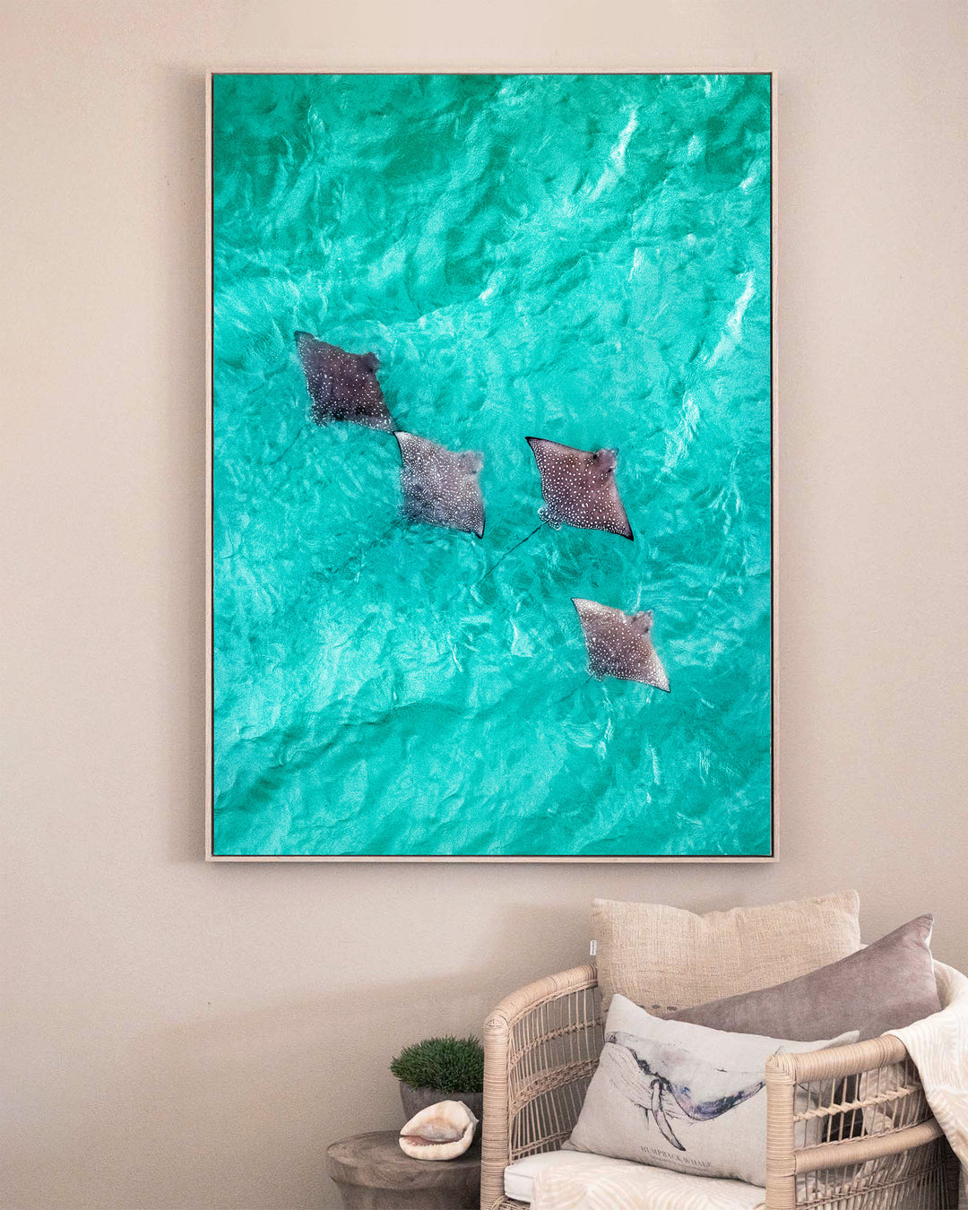 Spotlights in the Shallows – Eagle Rays, Aerial Photography by David Lloyd, framed canvas print in oak float frame, styled in a sitting room setting