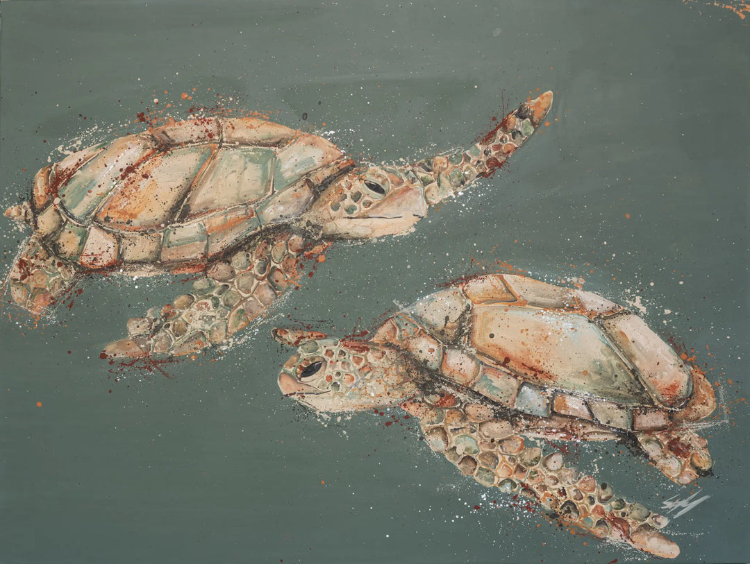 Stay With Me – Original acrylic artwork featuring two sea turtles swimming together beneath the surface in soft blue-green tones.