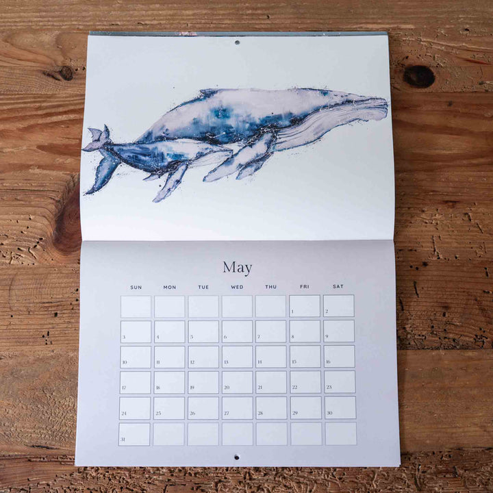 Calendar with a whale illustration on a wooden surface
