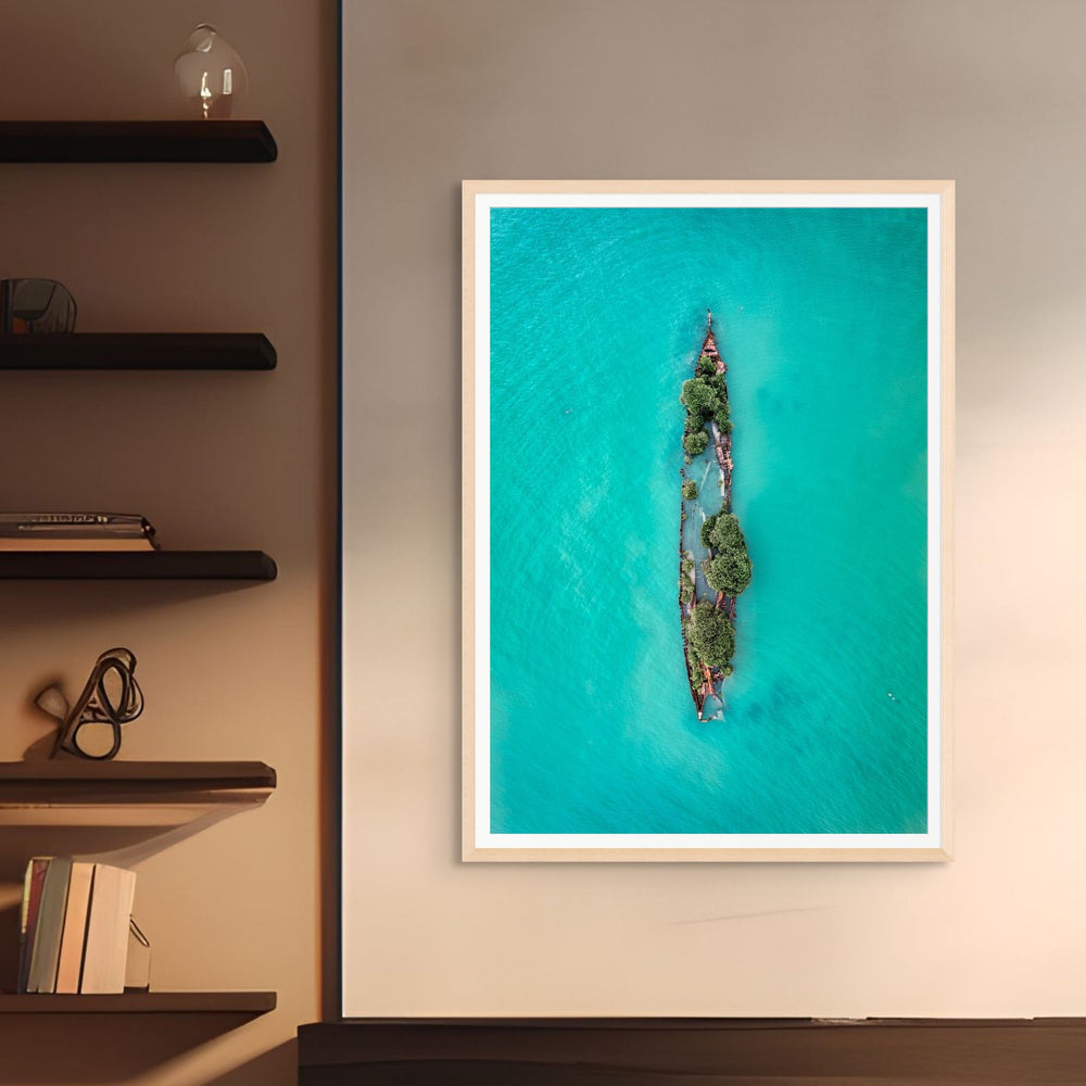 Sunken Solitude – Aerial view of a century-old rusted shipwreck surrounded by turquoise waters and mangroves on Magnetic Island, Australia | Framed Paper Print