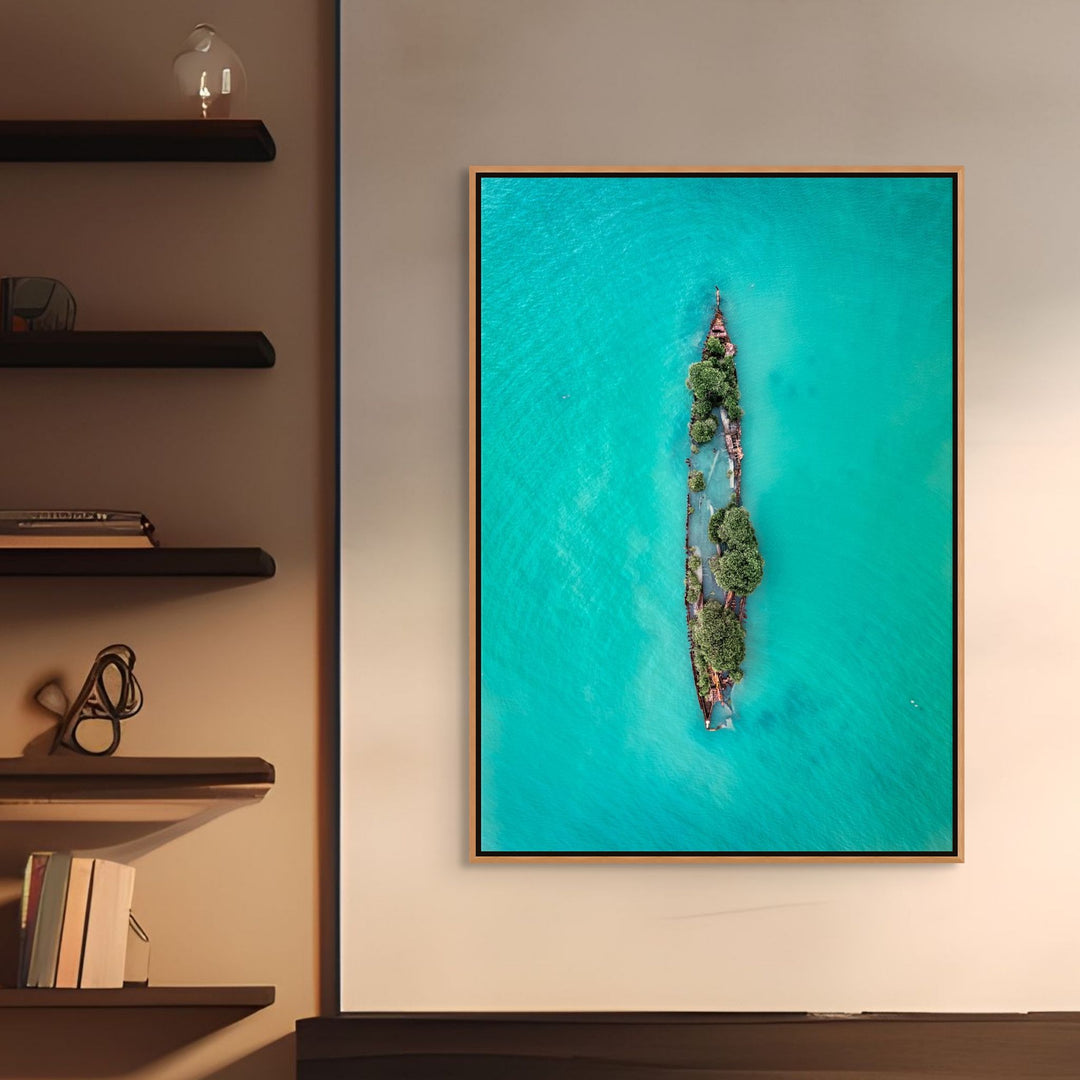 Sunken Solitude – Aerial view of a century-old rusted shipwreck surrounded by turquoise waters and mangroves on Magnetic Island, Australia | Shadow Box Canvas Print