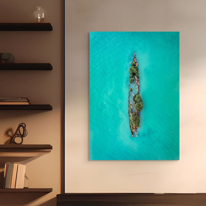Sunken Solitude – Aerial view of a century-old rusted shipwreck surrounded by turquoise waters and mangroves on Magnetic Island, Australia | Stretched Canvas Print