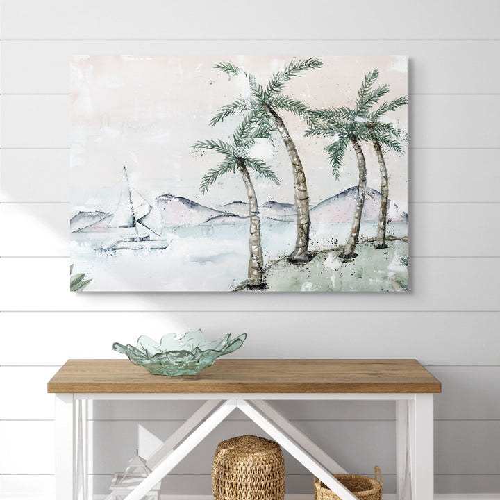 Sunset Sail by Stephanie Elizabeth – stretched canvas print of sailboat at sunset over the sea, fine art coastal print