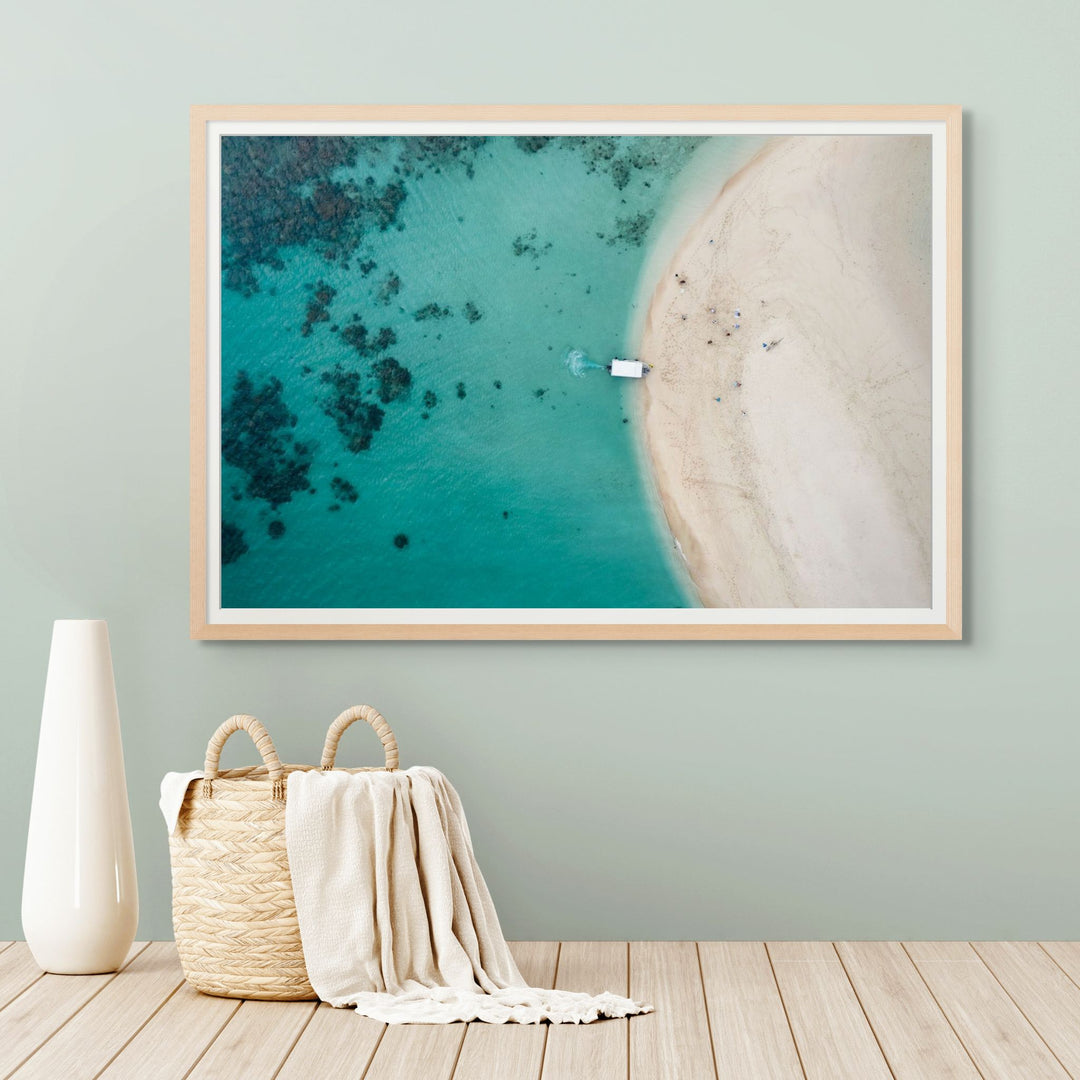 Take me to the Cay – Aerial view of Mackay Cay and Undine Reef with vibrant aqua waters and reef detail | Framed Paper Print