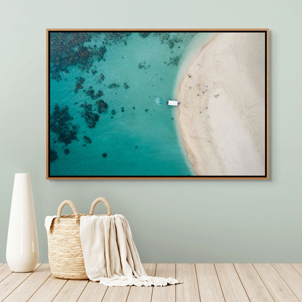 Take me to the Cay – Aerial view of Mackay Cay and Undine Reef with vibrant aqua waters and reef detail | Shadow Box Canvas Print