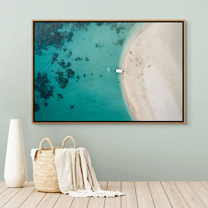 Take me to the Cay – Aerial view of Mackay Cay and Undine Reef with vibrant aqua waters and reef detail | Shadow Box Canvas Print