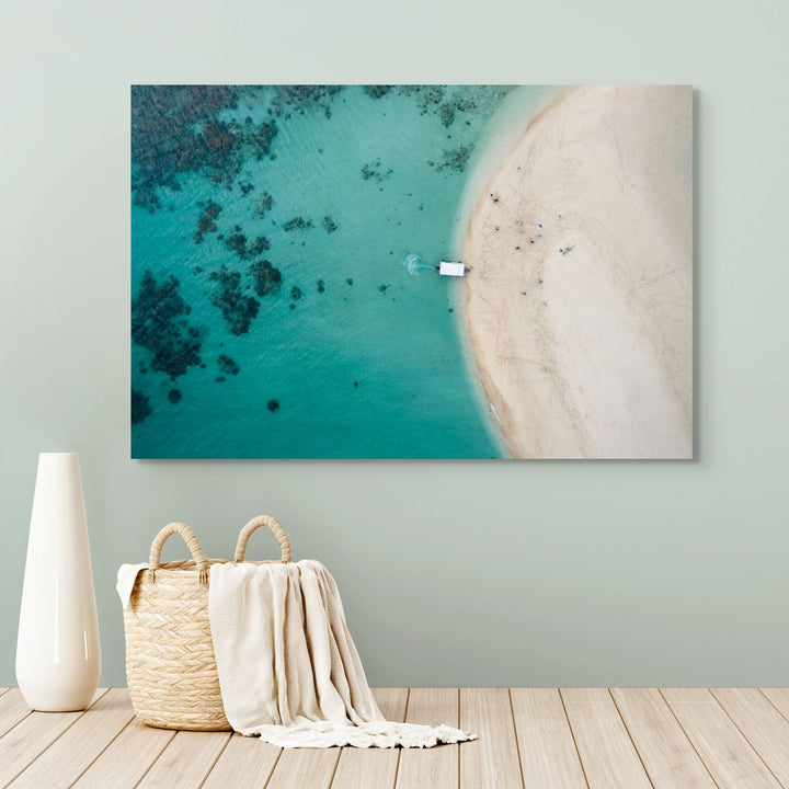 Take me to the Cay – Aerial view of Mackay Cay and Undine Reef with vibrant aqua waters and reef detail | Stretched Canvas Print