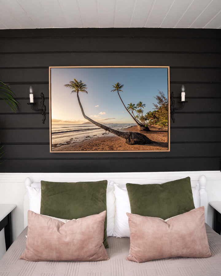 Taken with the Tide – Mission Beach, Landscape Photography by David Lloyd, framed canvas print in oak float frame, styled in a bedroom setting