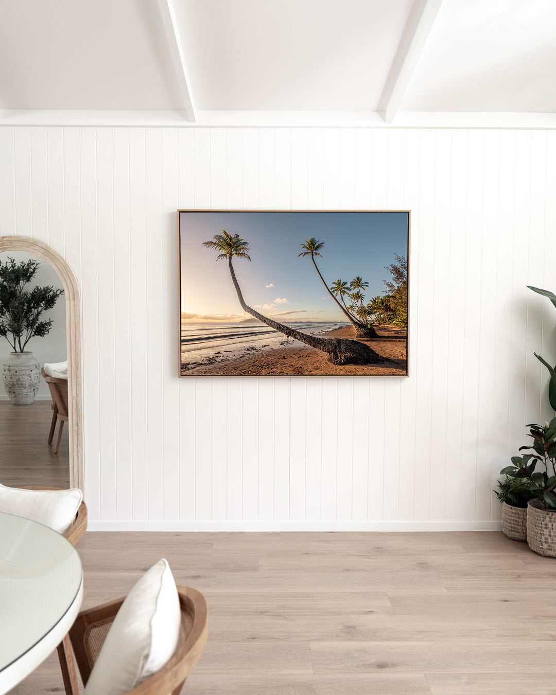 Taken with the Tide – Mission Beach, Landscape Photography by David Lloyd, framed canvas print in oak float frame, styled in a dining room setting