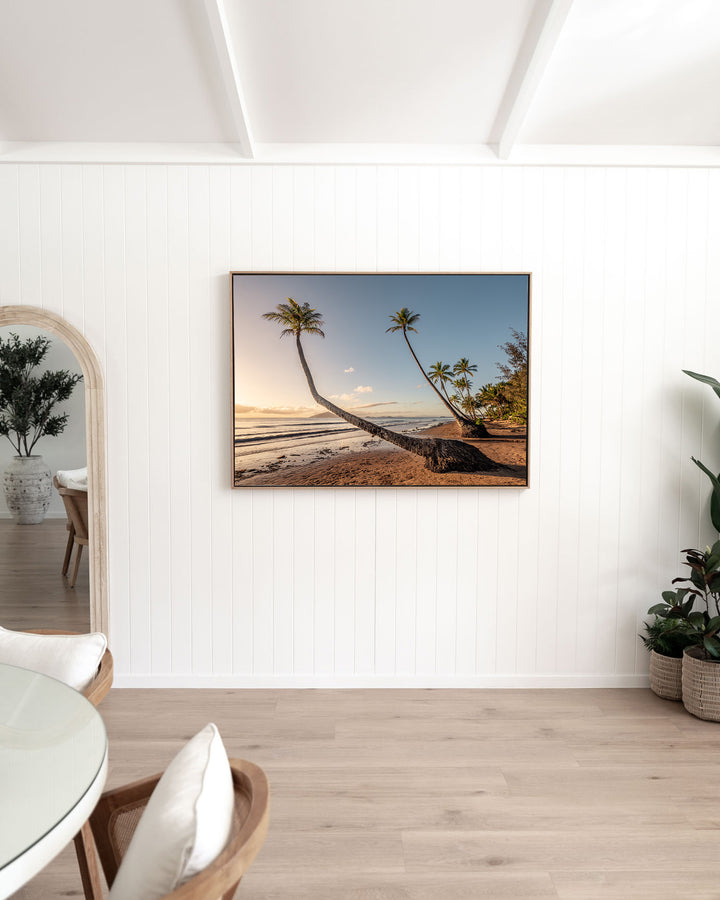 Taken with the Tide – Mission Beach, Landscape Photography by David Lloyd, framed canvas print in oak float frame, styled in a dining room setting