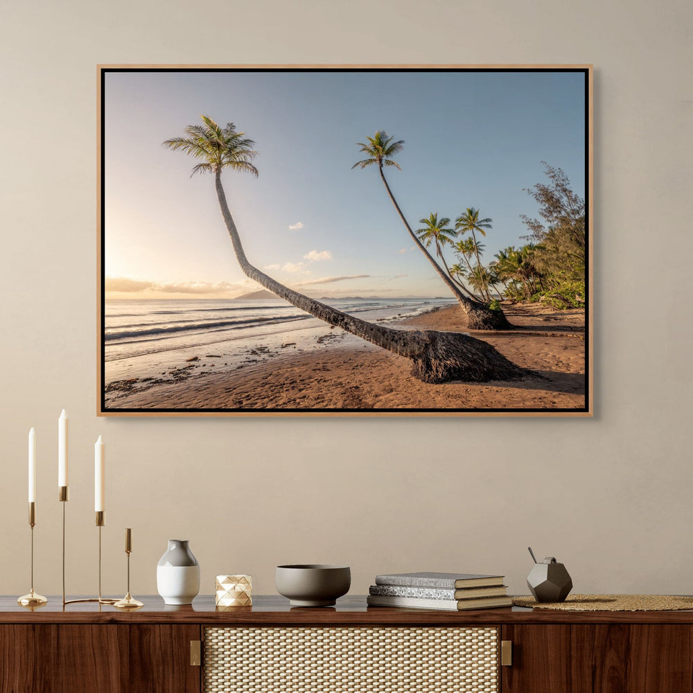 Taken with the Tide – Aerial view of Mission Beach at first light, golden hour over palm trees, tide rising and waves softly breaking on the shore | Shadow Box Canvas Print