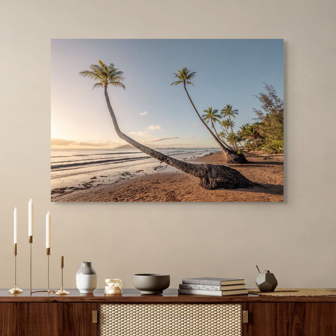Taken with the Tide – Aerial view of Mission Beach at first light, golden hour over palm trees, tide rising and waves softly breaking on the shore | Stretched Canvas Print