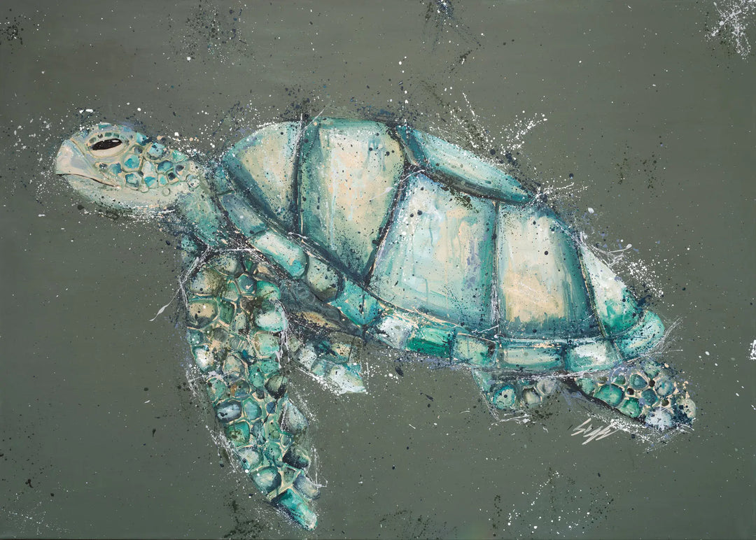 Tell Me Your Starsign, I’ll Make Something Up – Original acrylic artwork of a green sea turtle surrounded by rich dark ocean tones and layered textures.
