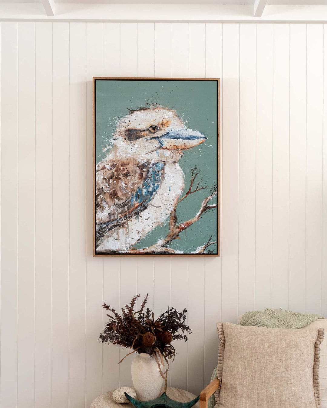 The Early Bird – kookaburra, framed canvas in oak float frame, styled in a bedroom