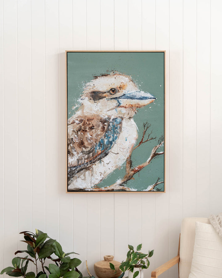 The Early Bird – kookaburra, framed canvas in oak float frame, styled in a hallway