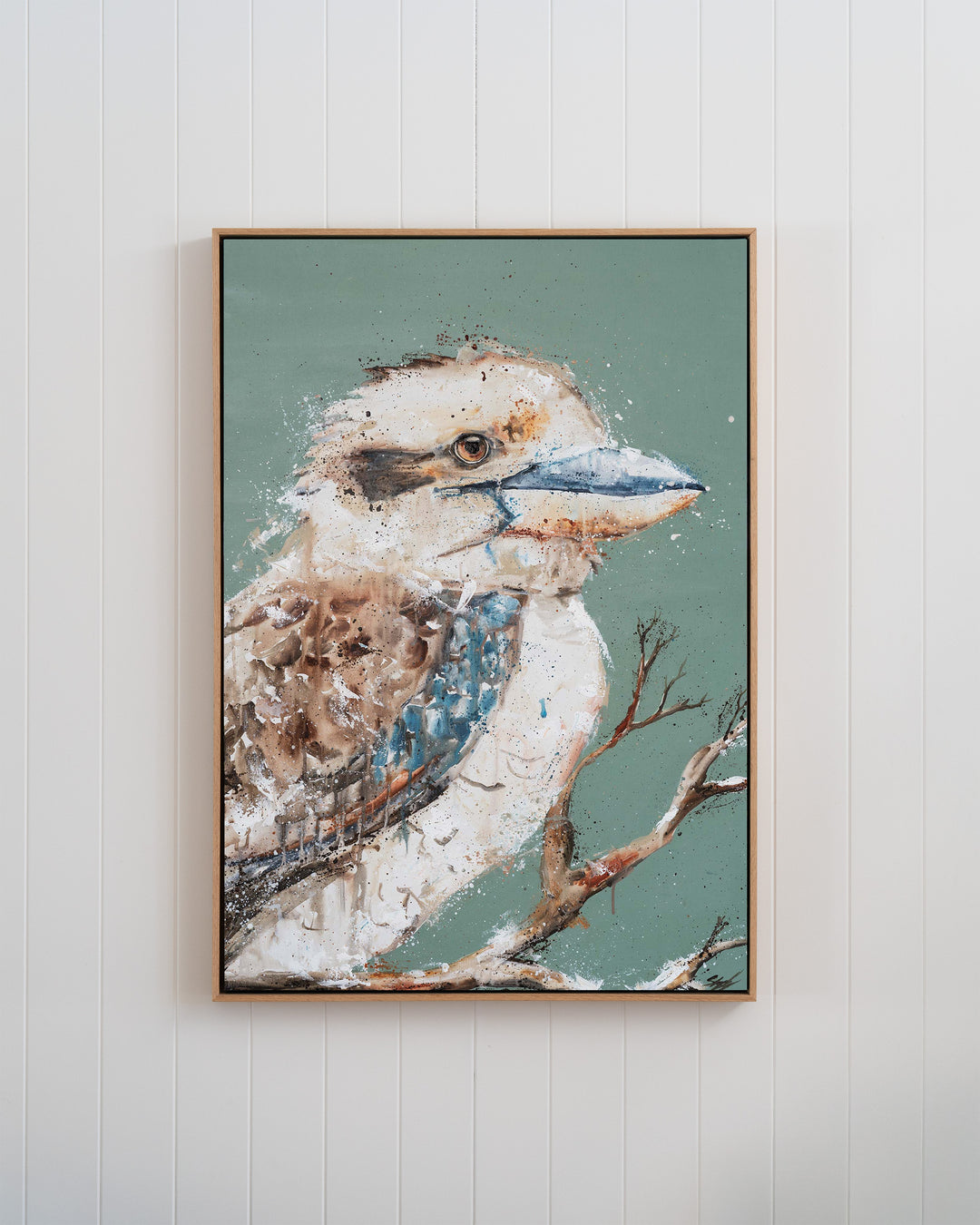 The Early Bird – kookaburra, framed canvas in oak float frame