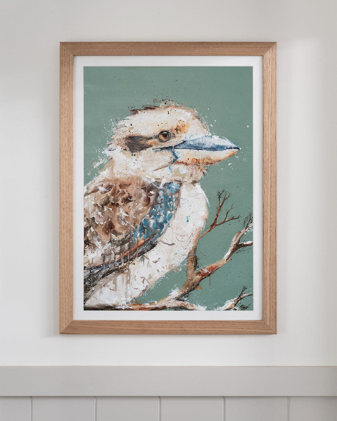The Early Bird – kookaburra, framed paper print in oak frame