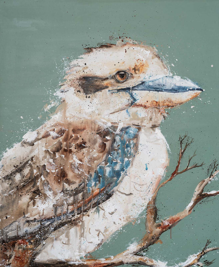 The Early Bird – Close-up detail of Kookaburra artwork on poly-cotton canvas with soft natural background | Unframed Rolled Print