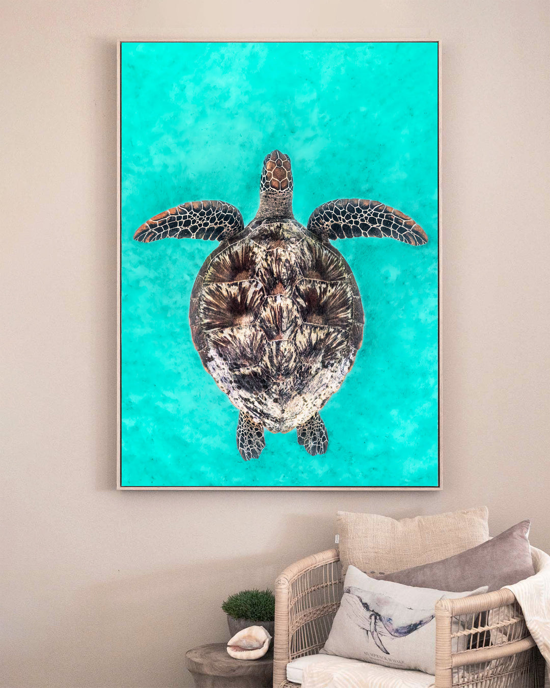 The Passage – Green Sea Turtle, Underwater Photography by David Lloyd, framed canvas print in oak float frame, styled in a sitting room setting