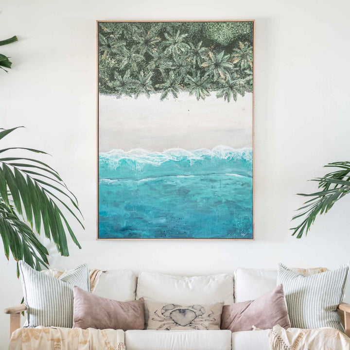 The Path Between – aerial coastal artwork of Four Mile Beach with palm trees, sand and ocean styled in light tropical interior | Original Artwork
