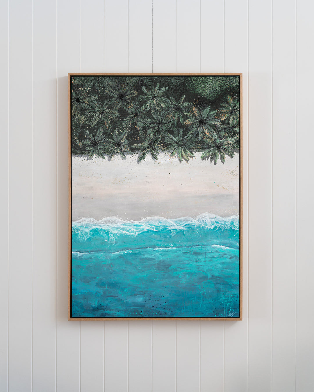 The Path Between – aerial beach and palm landscape, framed canvas in oak float frame