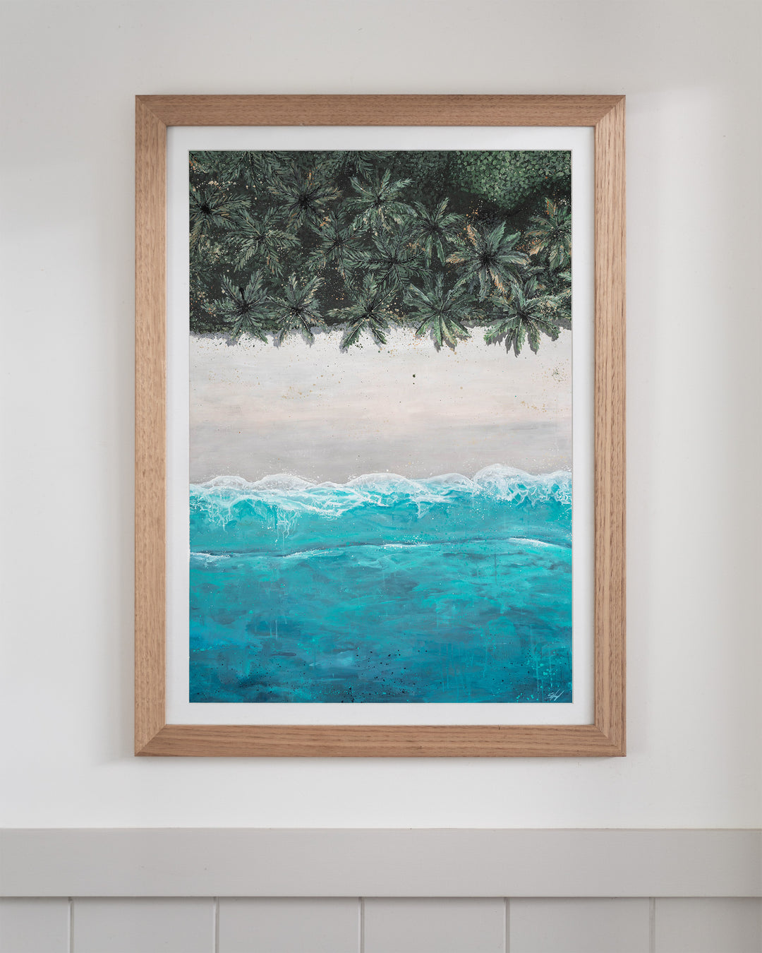 The Path Between – aerial beach and palm landscape, framed paper print in oak frame