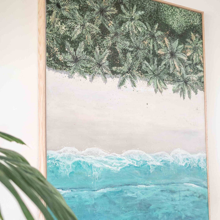 The Path Between – close-up detail of palm canopy with layered brushwork and coastal textures in aerial beach artwork by Stephanie Elizabeth | Original Artwork
