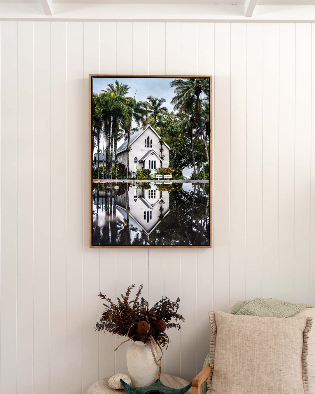 This Too Shall Pass – St Mary’s By The Sea, Landscape Photography by David Lloyd, framed canvas print in oak float frame, styled in a bedroom setting