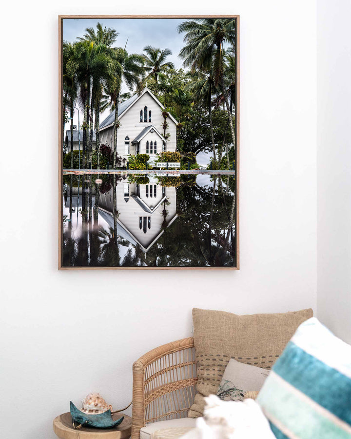 This Too Shall Pass – St Mary’s By The Sea, Landscape Photography by David Lloyd, framed canvas print in oak float frame, styled in a coastal lounge setting