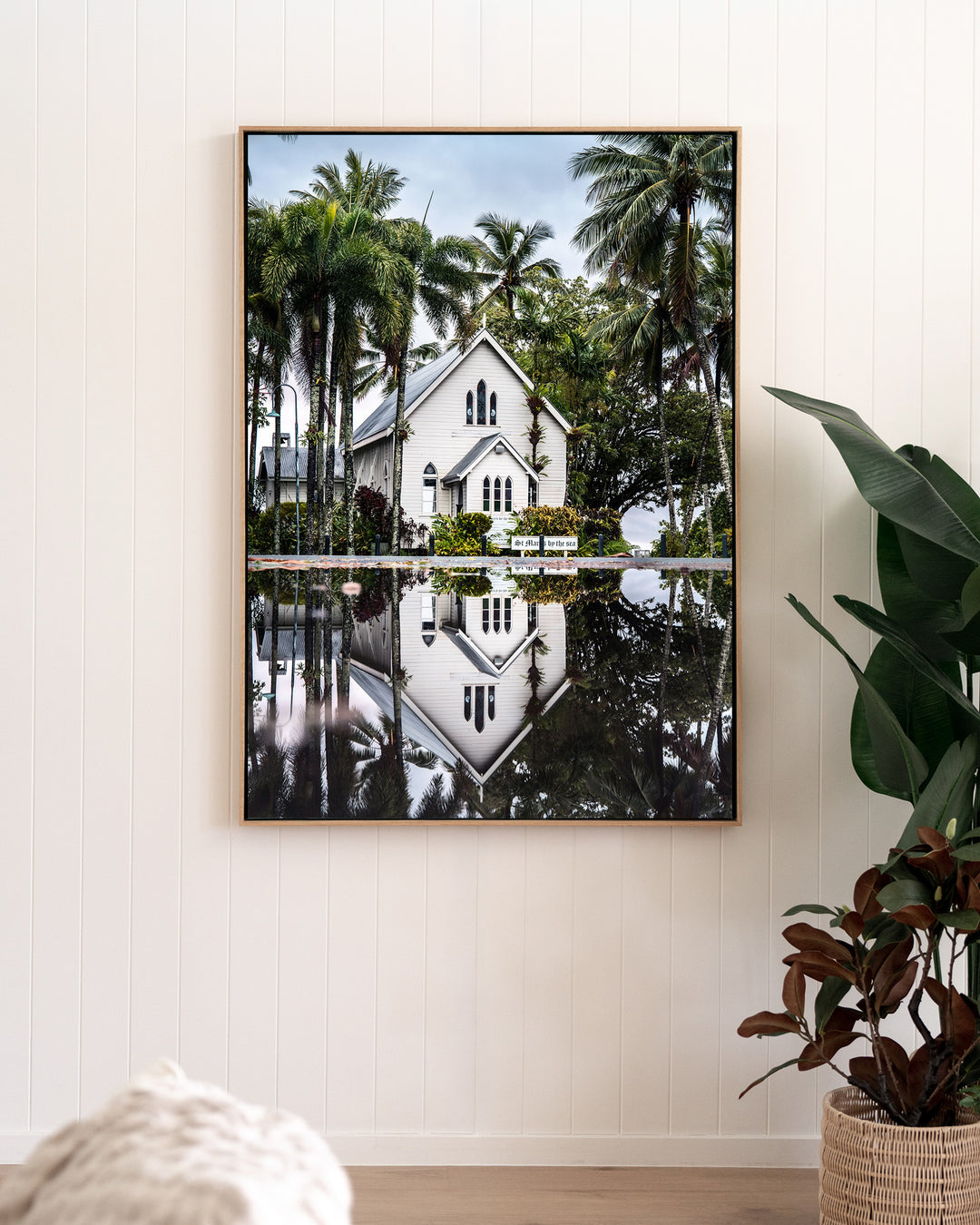 This Too Shall Pass – St Mary’s By The Sea, Landscape Photography by David Lloyd, framed canvas print in oak float frame, styled in a living room setting