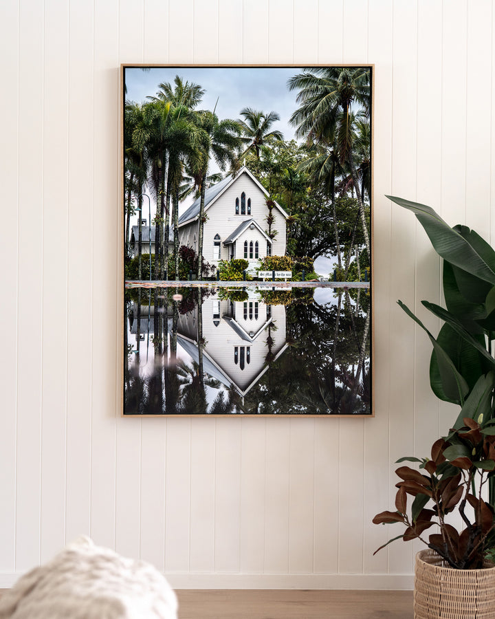 This Too Shall Pass – St Mary’s By The Sea, Landscape Photography by David Lloyd, framed canvas print in oak float frame, styled in a living room setting