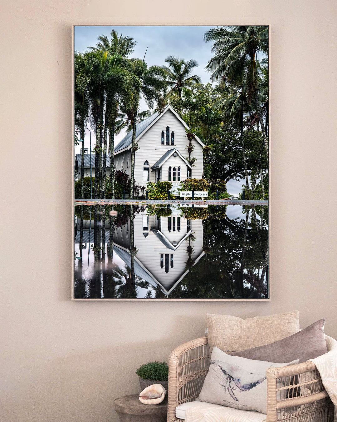 This Too Shall Pass – St Mary’s By The Sea, Landscape Photography by David Lloyd, framed canvas print in oak float frame, styled in a sitting room setting