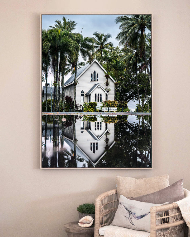 This Too Shall Pass – St Mary’s By The Sea, Landscape Photography by David Lloyd, framed canvas print in oak float frame, styled in a sitting room setting
