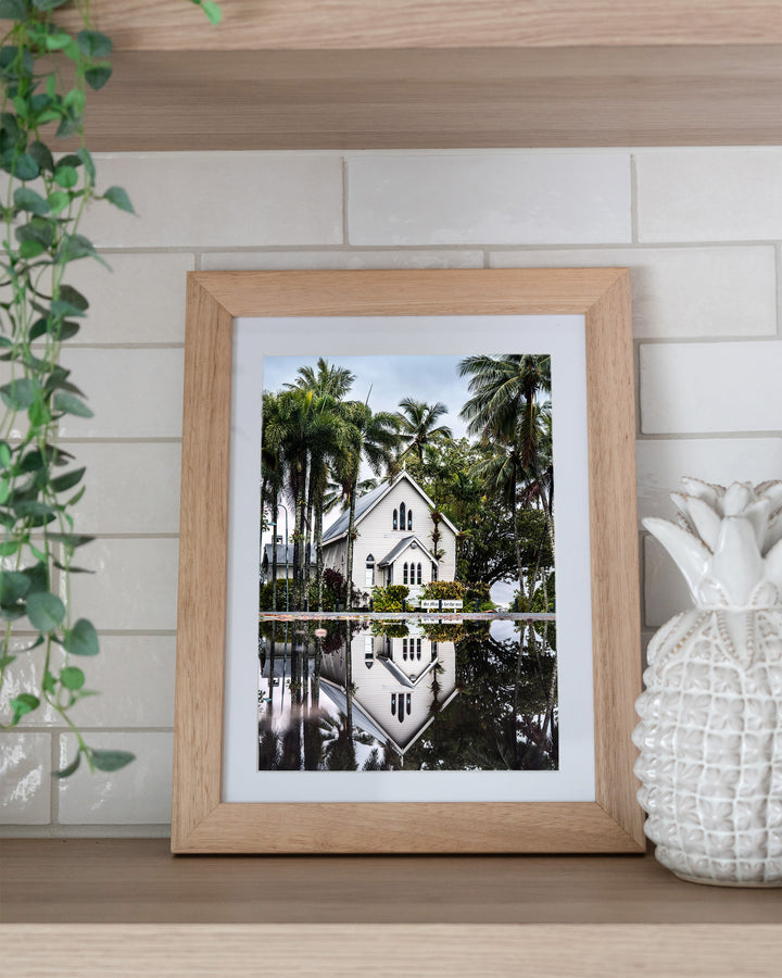 This Too Shall Pass – St Mary’s By The Sea, Landscape Photography by David Lloyd, framed paper print in oak frame, styled in a kitchen shelf setting