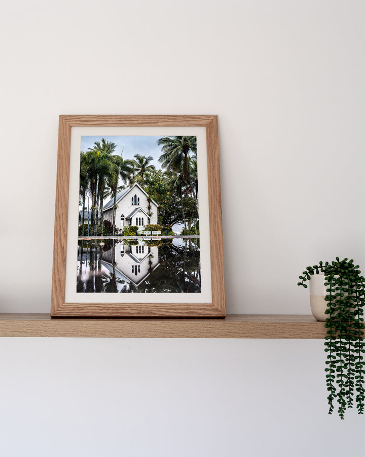 This Too Shall Pass – St Mary’s By The Sea, Landscape Photography by David Lloyd, framed paper print in oak frame, styled in a timber shelf setting