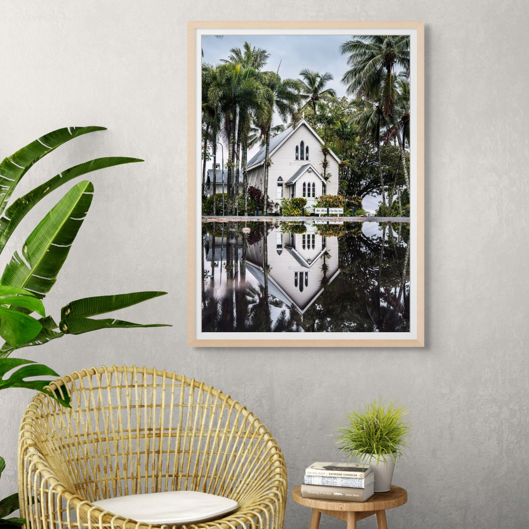 This Too Shall Pass – Mirror-image reflection of St Mary’s Chapel in a puddle, Port Douglas | Framed Paper Print