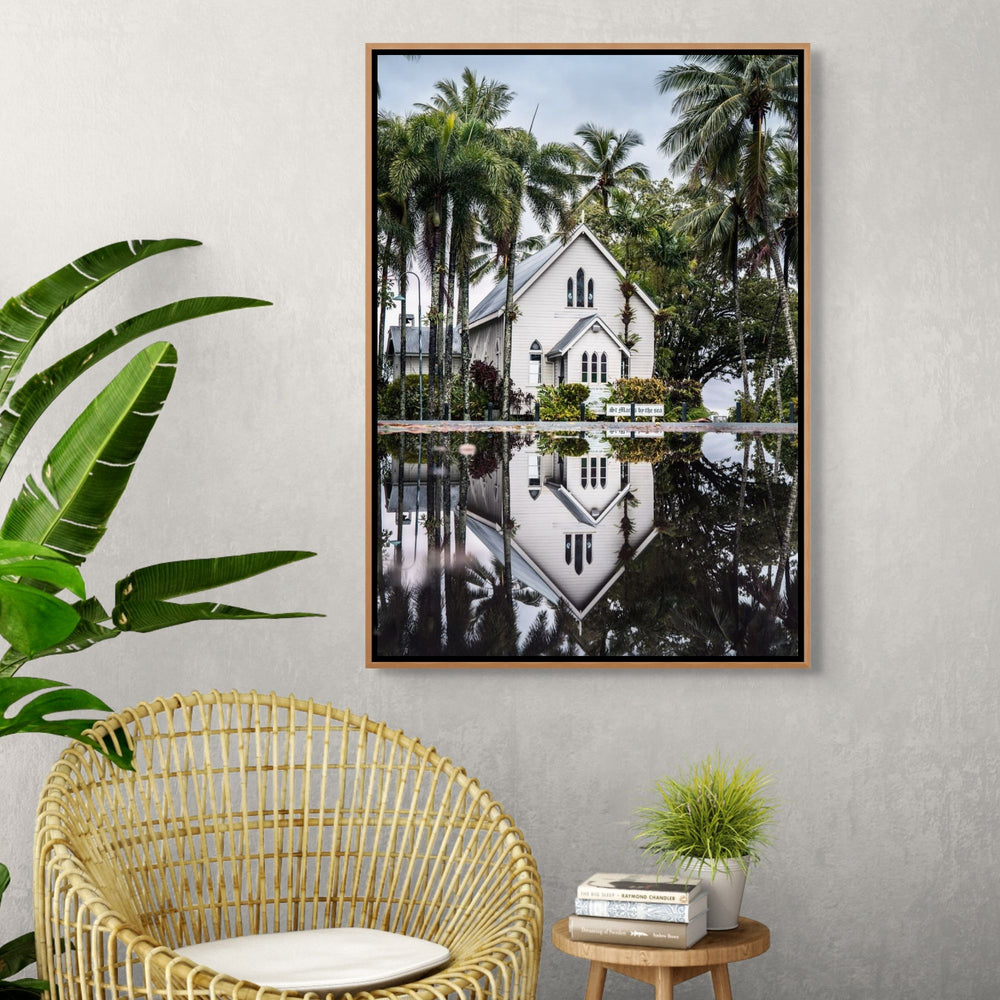 This Too Shall Pass – Mirror-image reflection of St Mary’s Chapel in a puddle, Port Douglas | Shadow Box Canvas Print