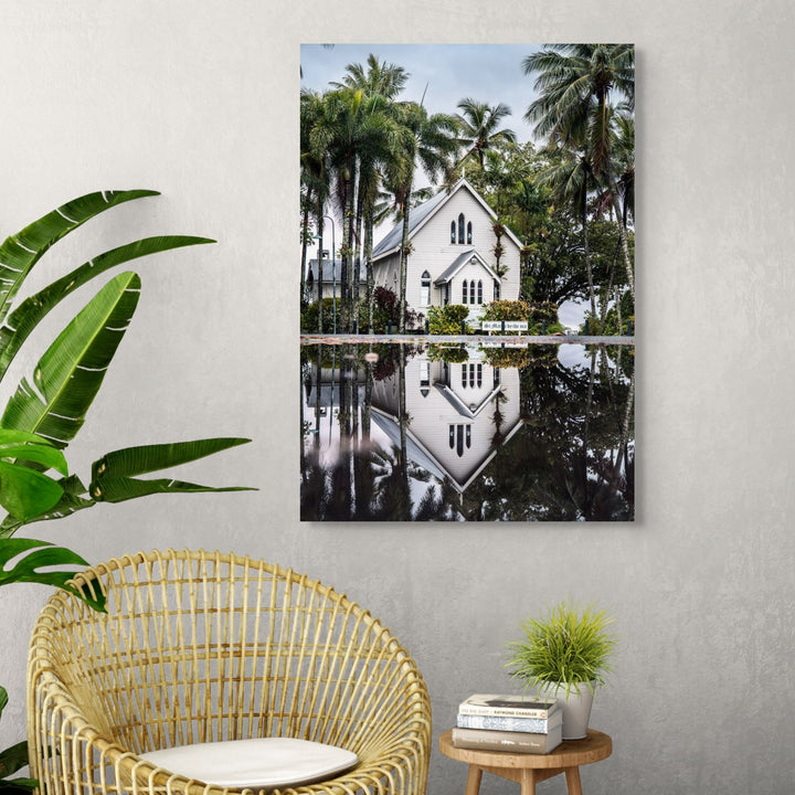 This Too Shall Pass – Mirror-image reflection of St Mary’s Chapel in a puddle, Port Douglas | Stretched Canvas Print