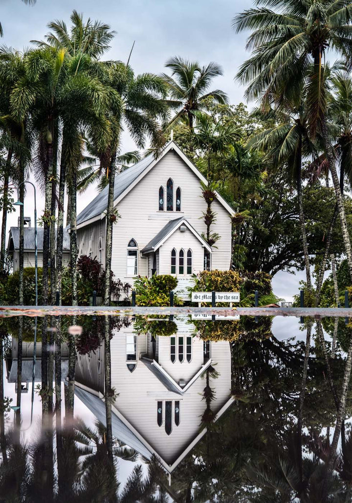 This Too Shall Pass – Mirror-image reflection of St Mary’s Chapel in a puddle, Port Douglas | Unframed Rolled Print