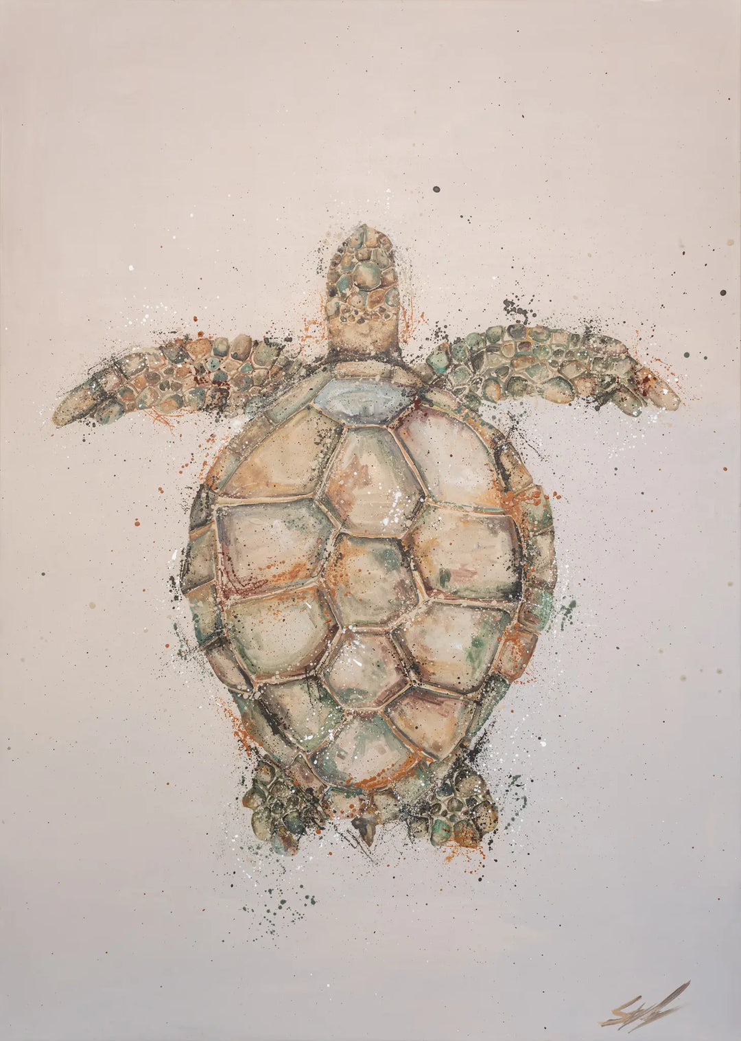 Tidebound – Original acrylic artwork of a top-down sea turtle composition with flowing coastal tones and layered detail.