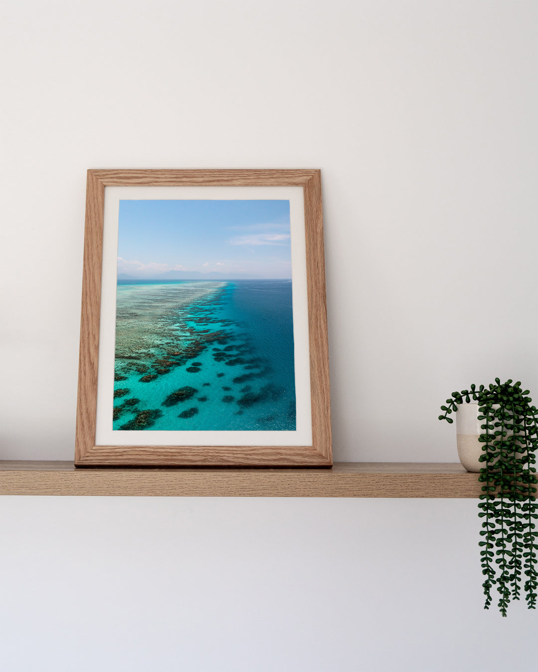Tip of the Tongue – Tongue Reef, Aerial Photography by David Lloyd, framed paper print in oak frame, styled in a timber shelf setting